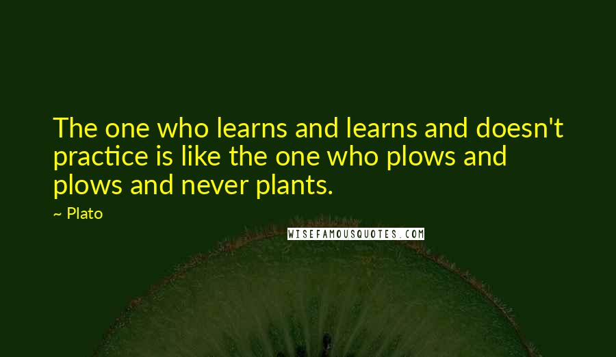 Plato Quotes: The one who learns and learns and doesn't practice is like the one who plows and plows and never plants.