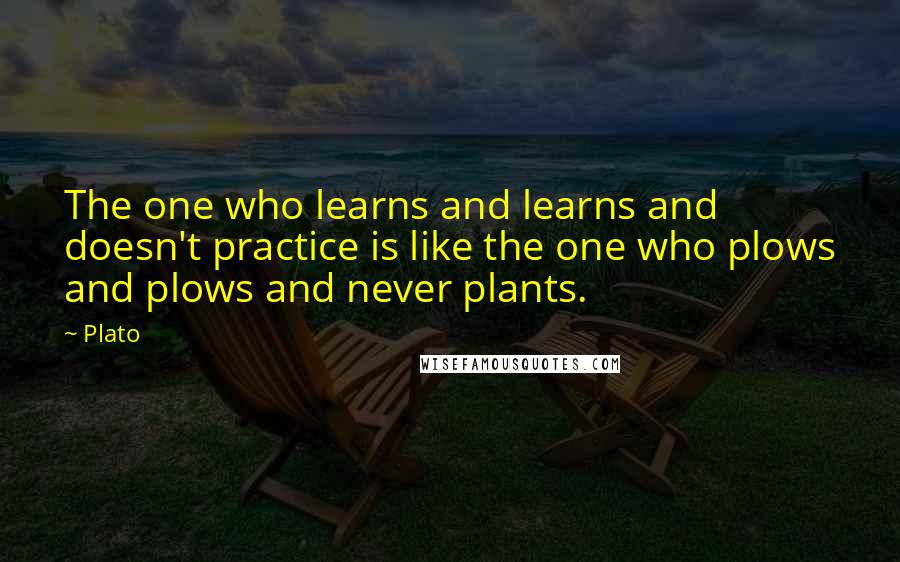 Plato Quotes: The one who learns and learns and doesn't practice is like the one who plows and plows and never plants.