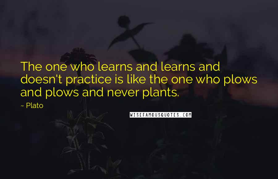 Plato Quotes: The one who learns and learns and doesn't practice is like the one who plows and plows and never plants.