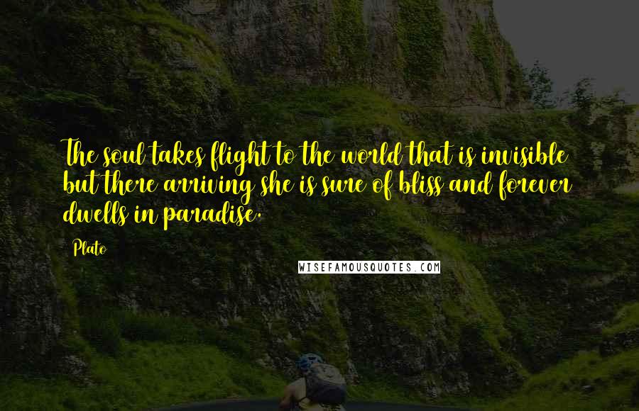 Plato Quotes: The soul takes flight to the world that is invisible but there arriving she is sure of bliss and forever dwells in paradise.