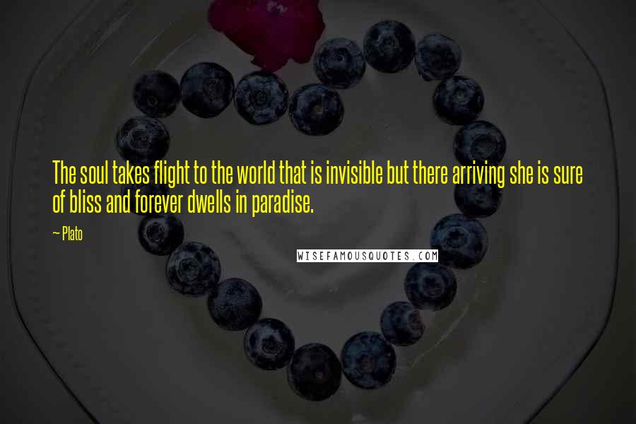 Plato Quotes: The soul takes flight to the world that is invisible but there arriving she is sure of bliss and forever dwells in paradise.