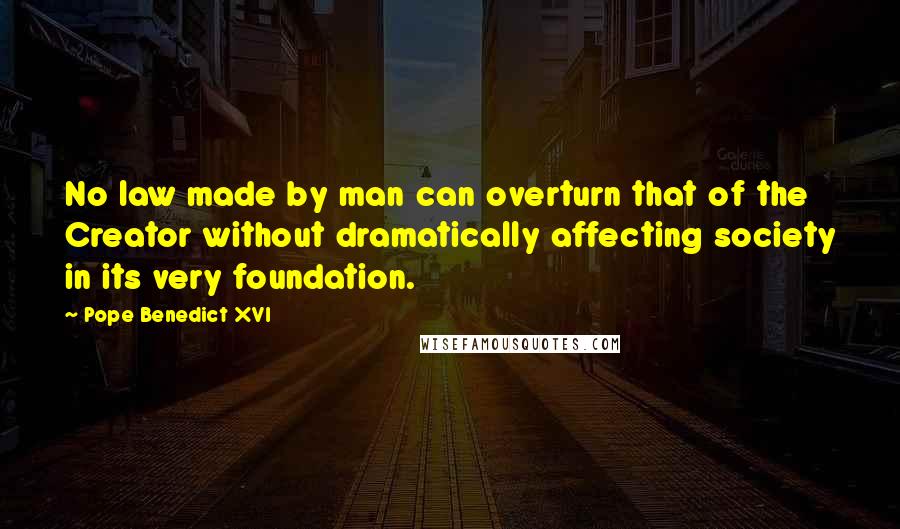 Pope Benedict XVI Quotes: No law made by man can overturn that of the Creator without dramatically affecting society in its very foundation.