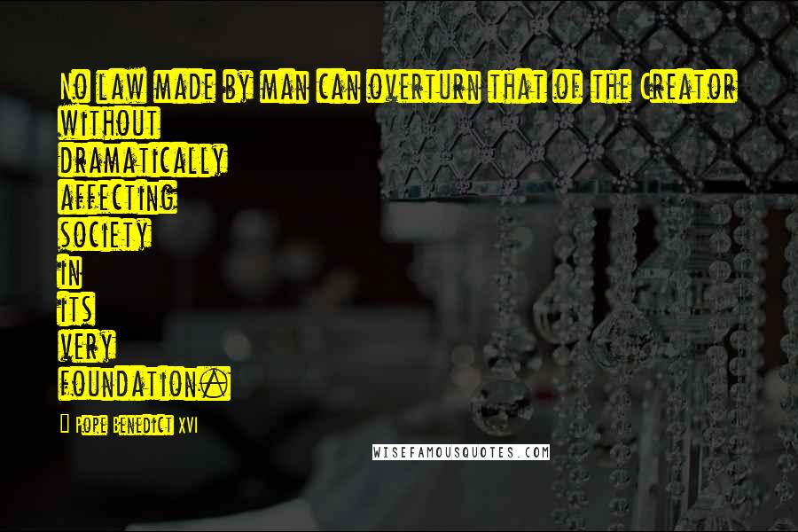 Pope Benedict XVI Quotes: No law made by man can overturn that of the Creator without dramatically affecting society in its very foundation.