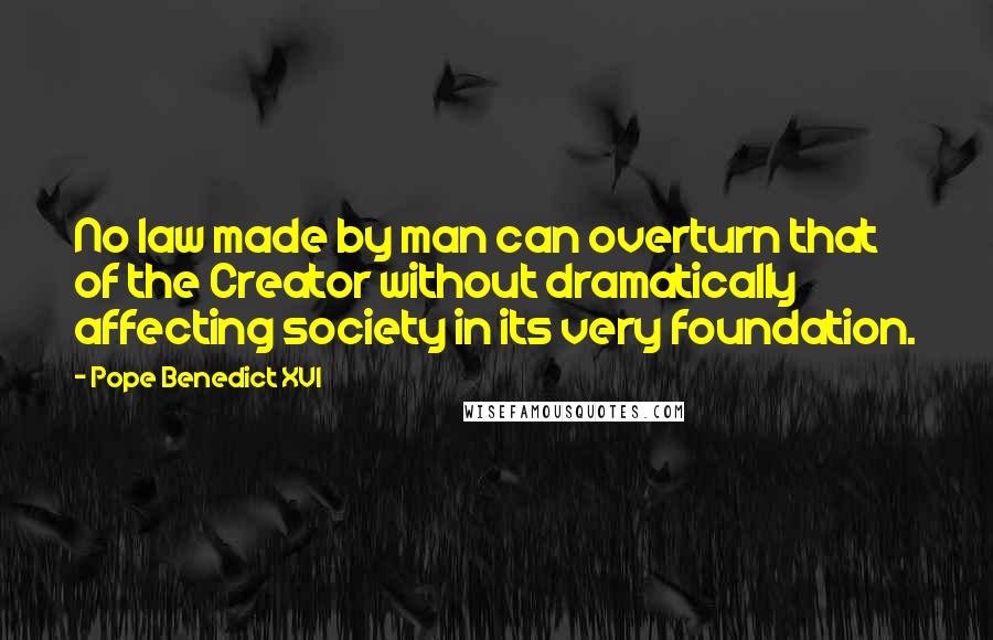 Pope Benedict XVI Quotes: No law made by man can overturn that of the Creator without dramatically affecting society in its very foundation.