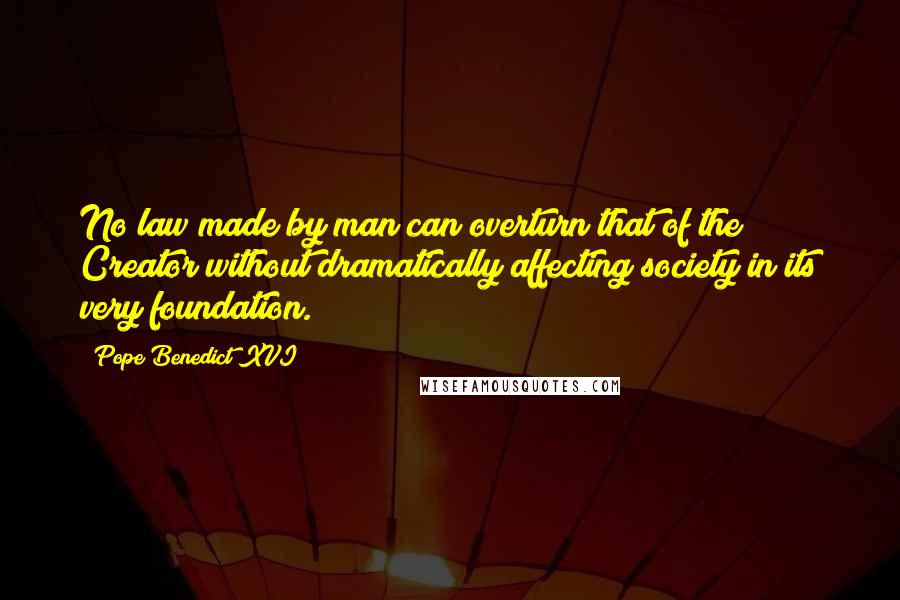 Pope Benedict XVI Quotes: No law made by man can overturn that of the Creator without dramatically affecting society in its very foundation.