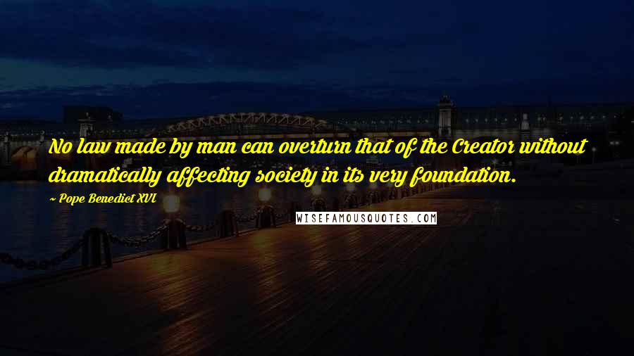 Pope Benedict XVI Quotes: No law made by man can overturn that of the Creator without dramatically affecting society in its very foundation.