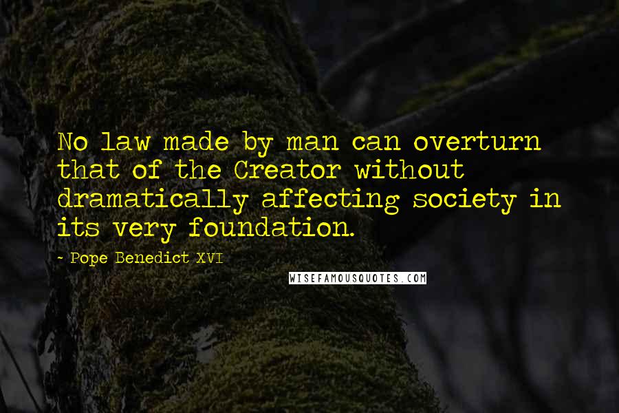 Pope Benedict XVI Quotes: No law made by man can overturn that of the Creator without dramatically affecting society in its very foundation.