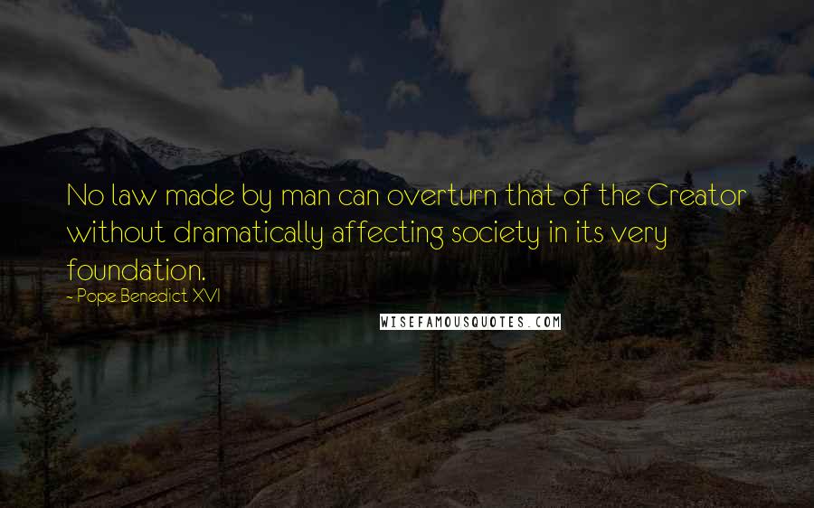 Pope Benedict XVI Quotes: No law made by man can overturn that of the Creator without dramatically affecting society in its very foundation.