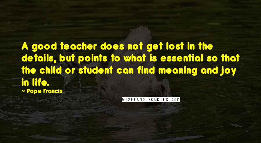 Pope Francis Quotes: A good teacher does not get lost in the details, but points to what is essential so that the child or student can find meaning and joy in life.