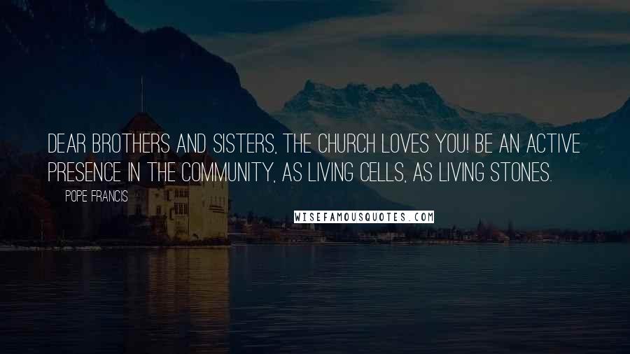 Pope Francis Quotes: Dear brothers and sisters, the Church loves you! Be an active presence in the community, as living cells, as living stones.