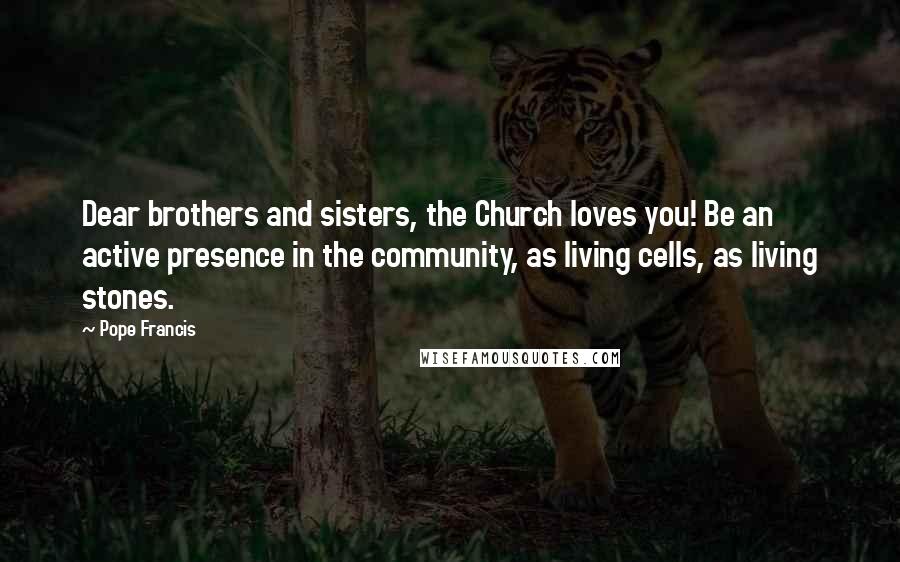 Pope Francis Quotes: Dear brothers and sisters, the Church loves you! Be an active presence in the community, as living cells, as living stones.