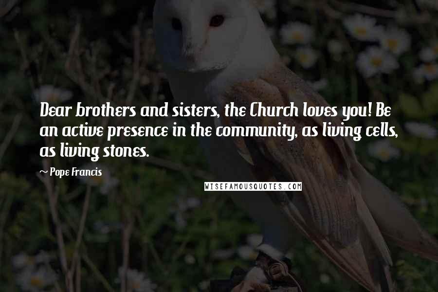 Pope Francis Quotes: Dear brothers and sisters, the Church loves you! Be an active presence in the community, as living cells, as living stones.