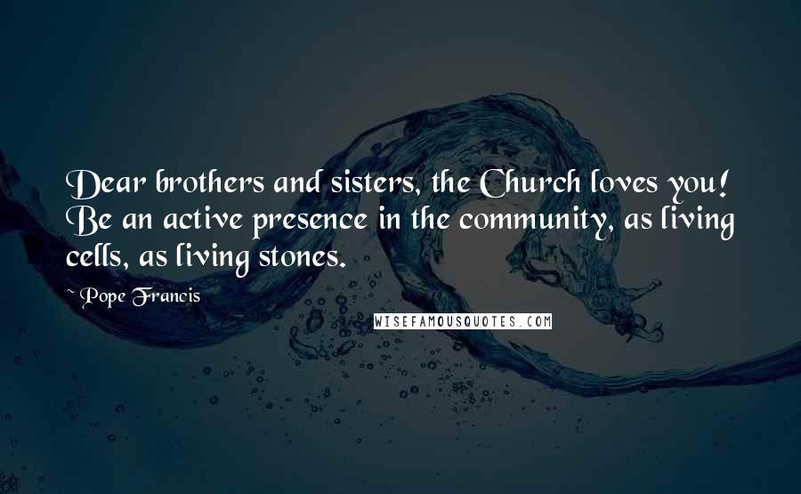 Pope Francis Quotes: Dear brothers and sisters, the Church loves you! Be an active presence in the community, as living cells, as living stones.