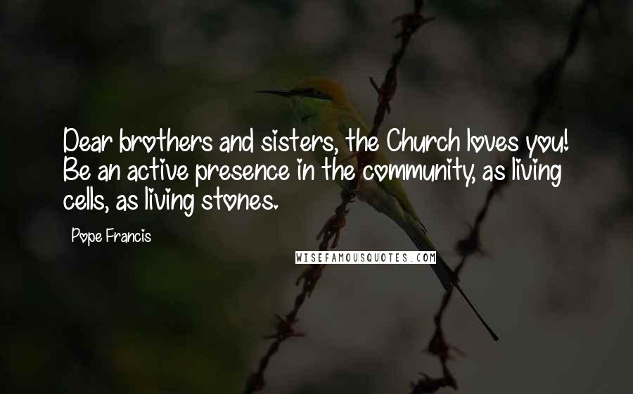 Pope Francis Quotes: Dear brothers and sisters, the Church loves you! Be an active presence in the community, as living cells, as living stones.