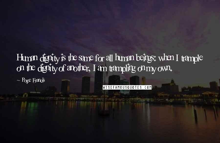 Pope Francis Quotes: Human dignity is the same for all human beings: when I trample on the dignity of another, I am trampling on my own.