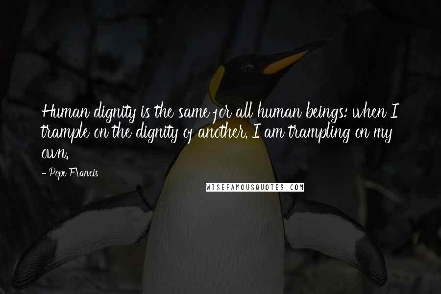 Pope Francis Quotes: Human dignity is the same for all human beings: when I trample on the dignity of another, I am trampling on my own.
