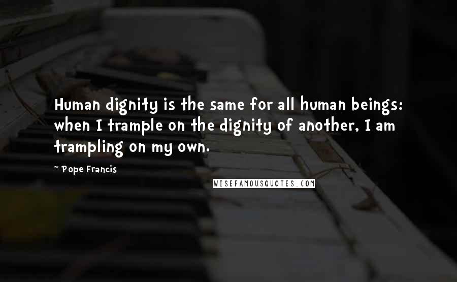 Pope Francis Quotes: Human dignity is the same for all human beings: when I trample on the dignity of another, I am trampling on my own.