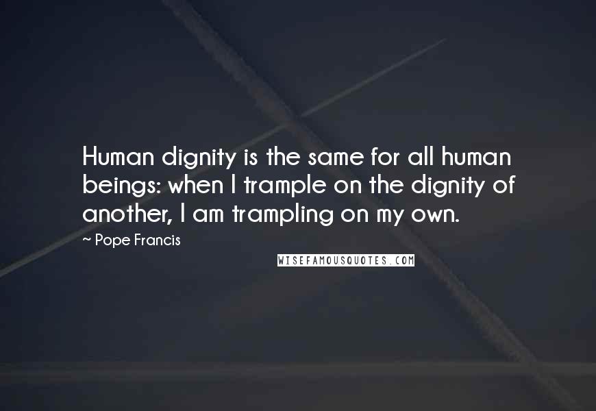 Pope Francis Quotes: Human dignity is the same for all human beings: when I trample on the dignity of another, I am trampling on my own.