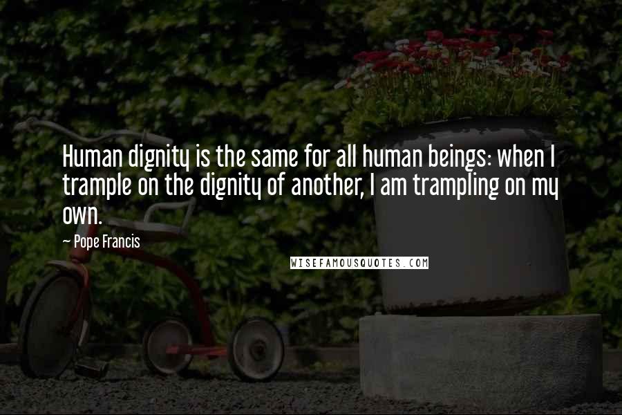 Pope Francis Quotes: Human dignity is the same for all human beings: when I trample on the dignity of another, I am trampling on my own.