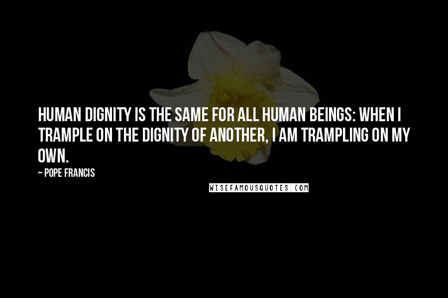 Pope Francis Quotes: Human dignity is the same for all human beings: when I trample on the dignity of another, I am trampling on my own.