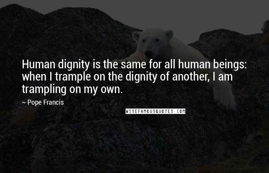Pope Francis Quotes: Human dignity is the same for all human beings: when I trample on the dignity of another, I am trampling on my own.