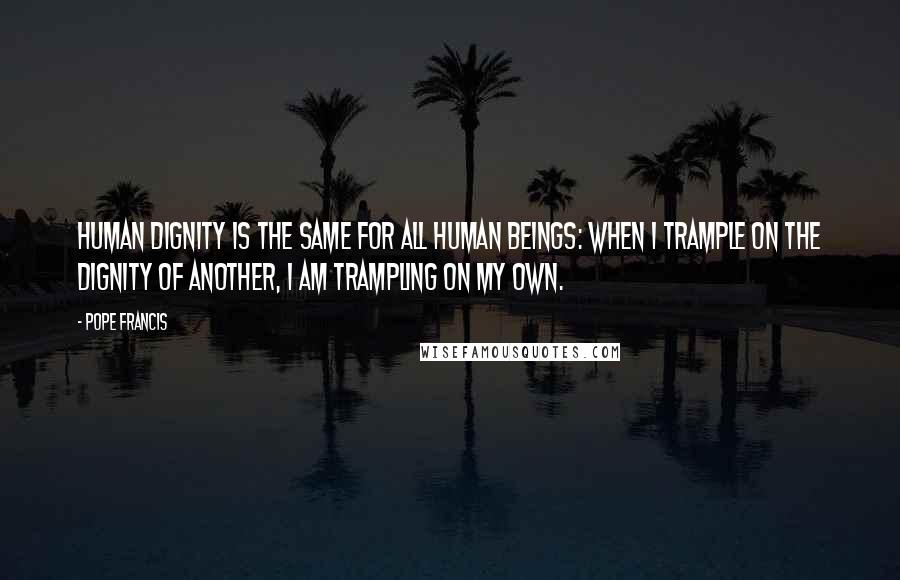 Pope Francis Quotes: Human dignity is the same for all human beings: when I trample on the dignity of another, I am trampling on my own.