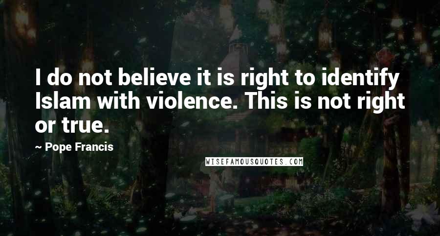 Pope Francis Quotes: I do not believe it is right to identify Islam with violence. This is not right or true.