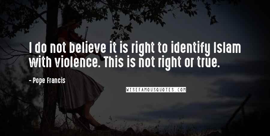 Pope Francis Quotes: I do not believe it is right to identify Islam with violence. This is not right or true.