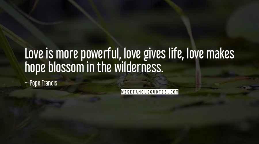 Pope Francis Quotes: Love is more powerful, love gives life, love makes hope blossom in the wilderness.