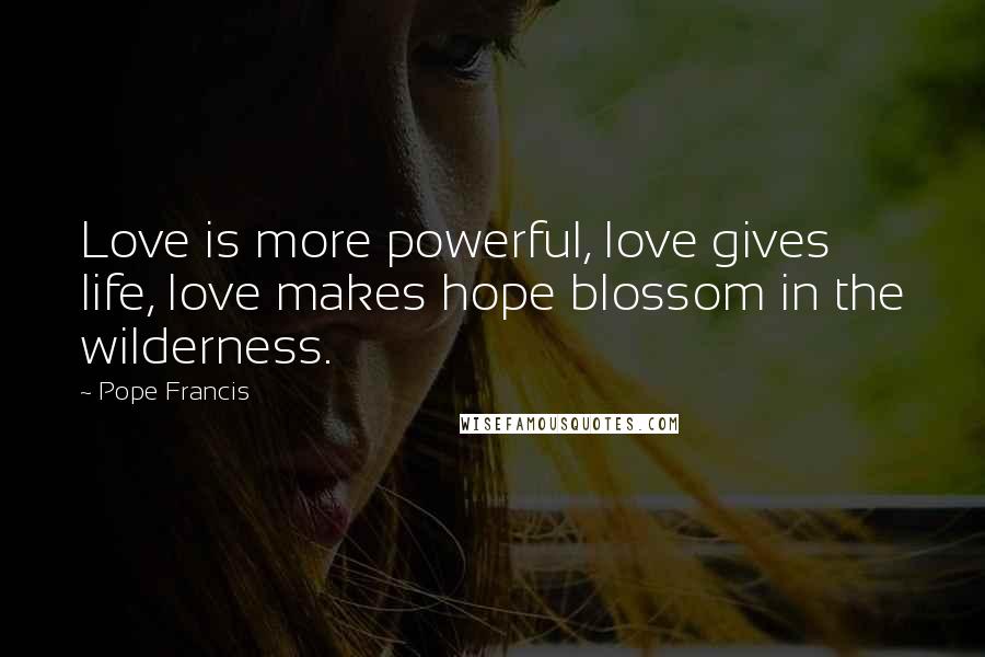 Pope Francis Quotes: Love is more powerful, love gives life, love makes hope blossom in the wilderness.