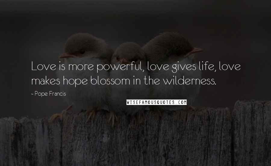 Pope Francis Quotes: Love is more powerful, love gives life, love makes hope blossom in the wilderness.