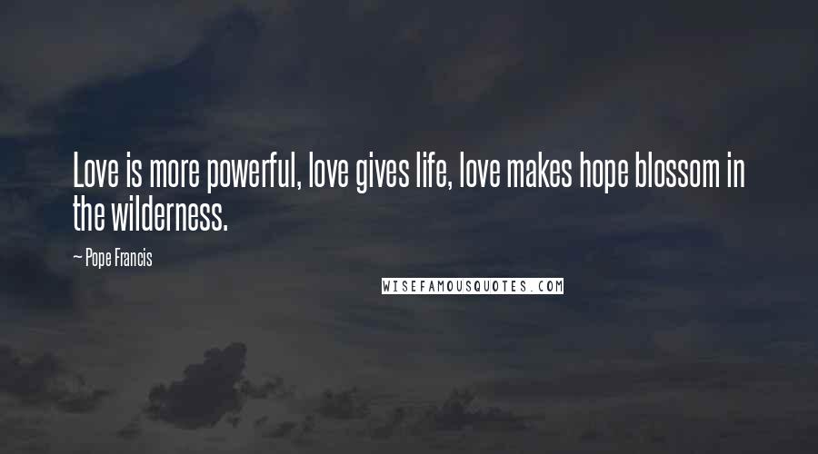 Pope Francis Quotes: Love is more powerful, love gives life, love makes hope blossom in the wilderness.