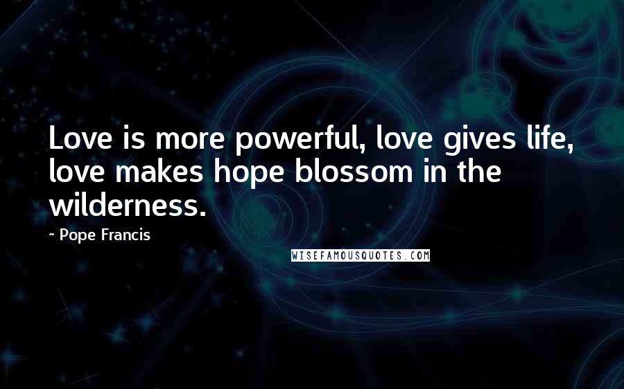 Pope Francis Quotes: Love is more powerful, love gives life, love makes hope blossom in the wilderness.