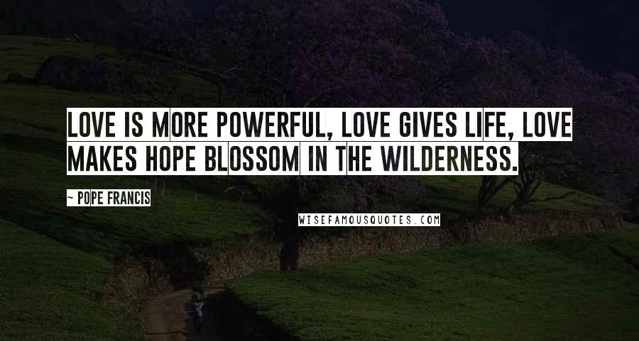 Pope Francis Quotes: Love is more powerful, love gives life, love makes hope blossom in the wilderness.