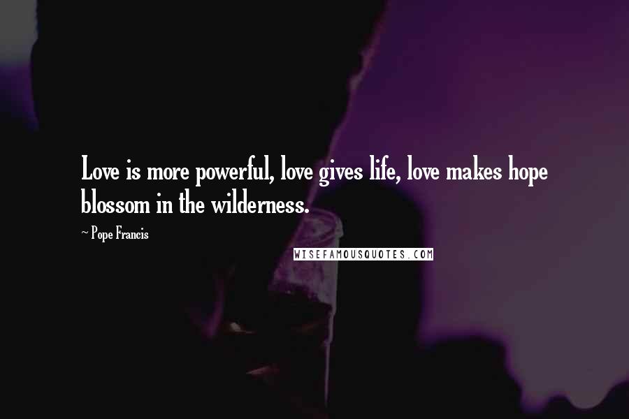 Pope Francis Quotes: Love is more powerful, love gives life, love makes hope blossom in the wilderness.