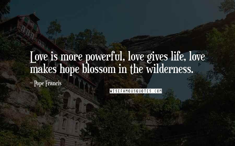 Pope Francis Quotes: Love is more powerful, love gives life, love makes hope blossom in the wilderness.