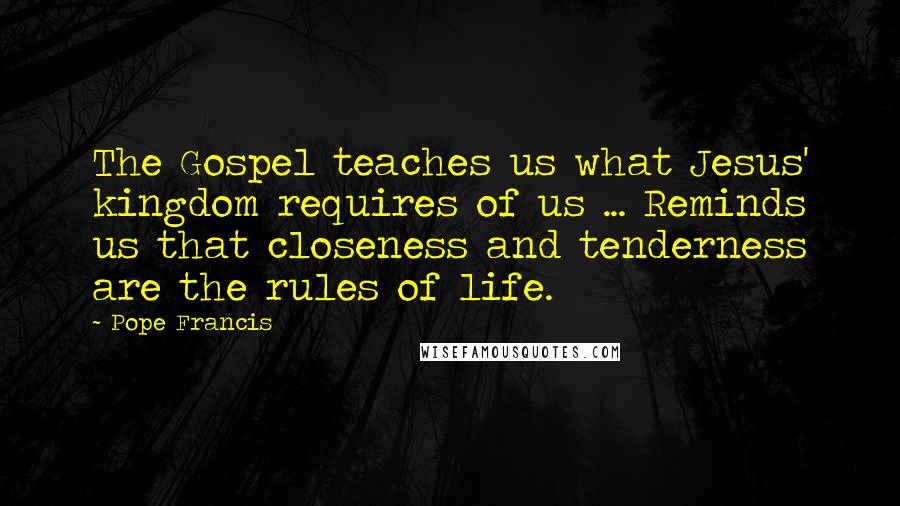 Pope Francis Quotes: The Gospel teaches us what Jesus' kingdom requires of us ... Reminds us that closeness and tenderness are the rules of life.