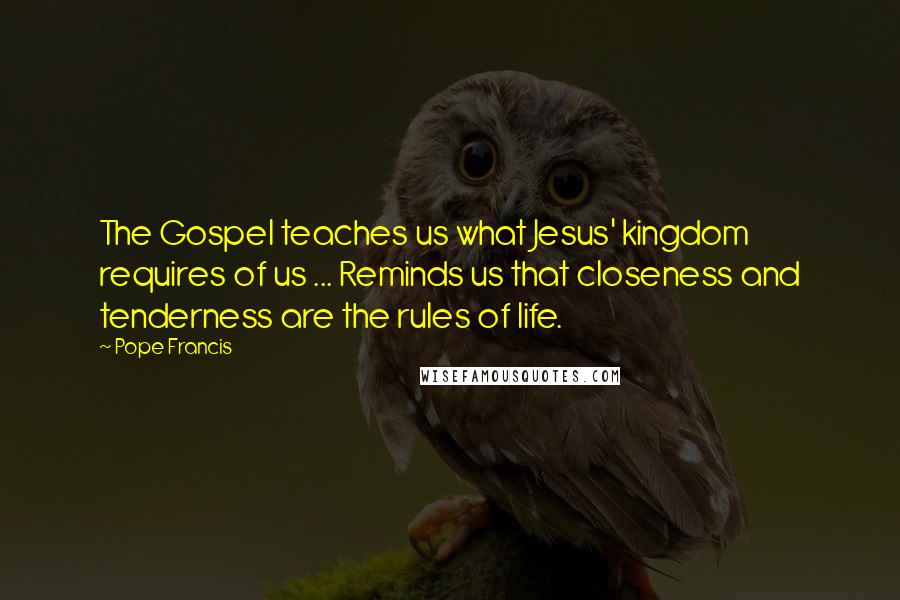 Pope Francis Quotes: The Gospel teaches us what Jesus' kingdom requires of us ... Reminds us that closeness and tenderness are the rules of life.