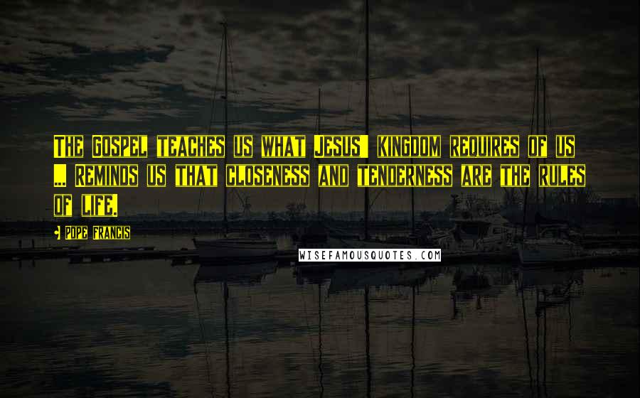 Pope Francis Quotes: The Gospel teaches us what Jesus' kingdom requires of us ... Reminds us that closeness and tenderness are the rules of life.