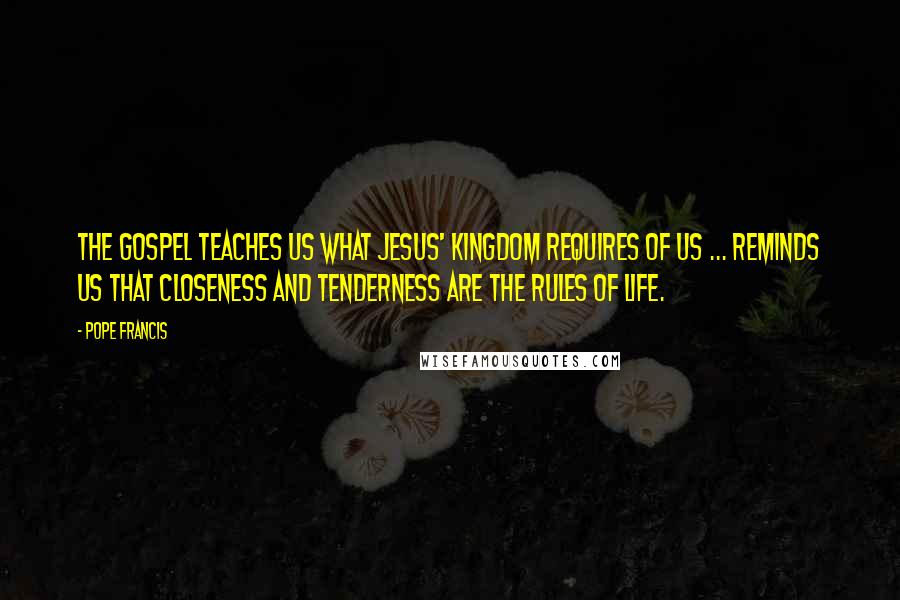 Pope Francis Quotes: The Gospel teaches us what Jesus' kingdom requires of us ... Reminds us that closeness and tenderness are the rules of life.
