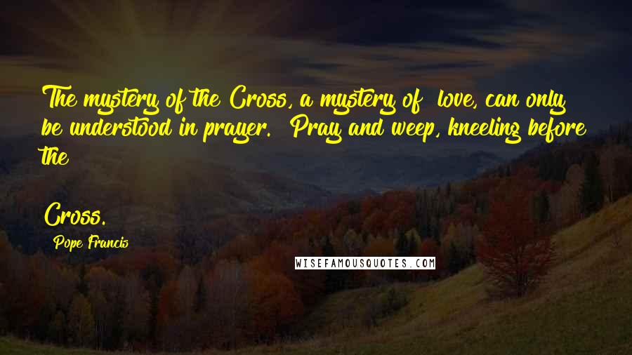 Pope Francis Quotes: The mystery of the Cross, a mystery of  love, can only be understood in prayer.  Pray and weep, kneeling before the  Cross.