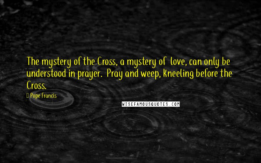 Pope Francis Quotes: The mystery of the Cross, a mystery of  love, can only be understood in prayer.  Pray and weep, kneeling before the  Cross.