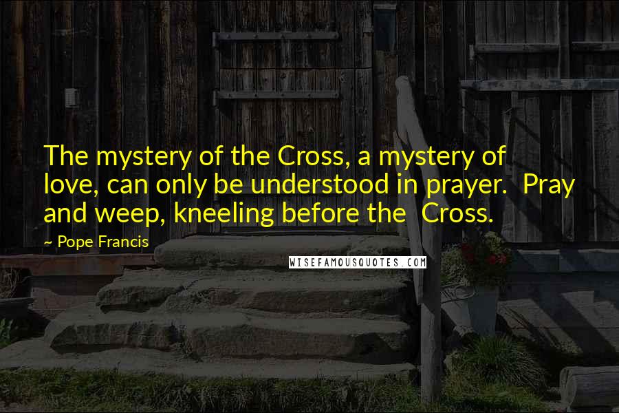 Pope Francis Quotes: The mystery of the Cross, a mystery of  love, can only be understood in prayer.  Pray and weep, kneeling before the  Cross.