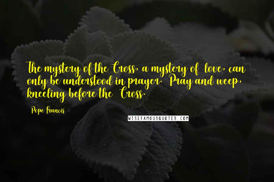 Pope Francis Quotes: The mystery of the Cross, a mystery of  love, can only be understood in prayer.  Pray and weep, kneeling before the  Cross.