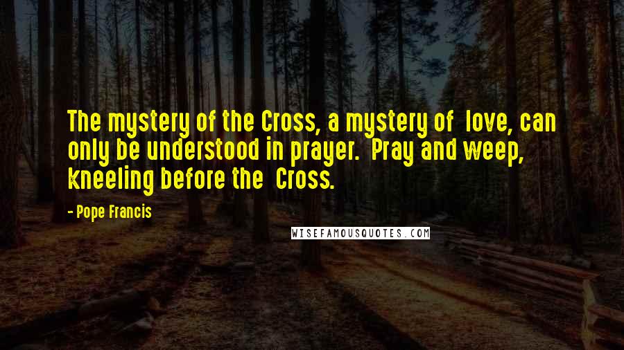 Pope Francis Quotes: The mystery of the Cross, a mystery of  love, can only be understood in prayer.  Pray and weep, kneeling before the  Cross.