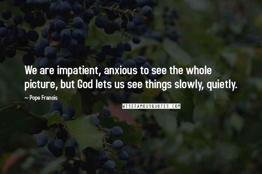 Pope Francis Quotes: We are impatient, anxious to see the whole picture, but God lets us see things slowly, quietly.