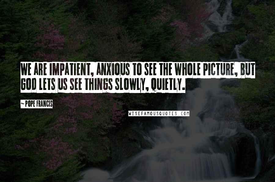 Pope Francis Quotes: We are impatient, anxious to see the whole picture, but God lets us see things slowly, quietly.