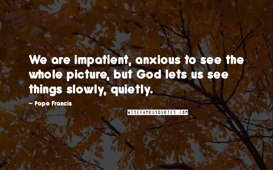 Pope Francis Quotes: We are impatient, anxious to see the whole picture, but God lets us see things slowly, quietly.