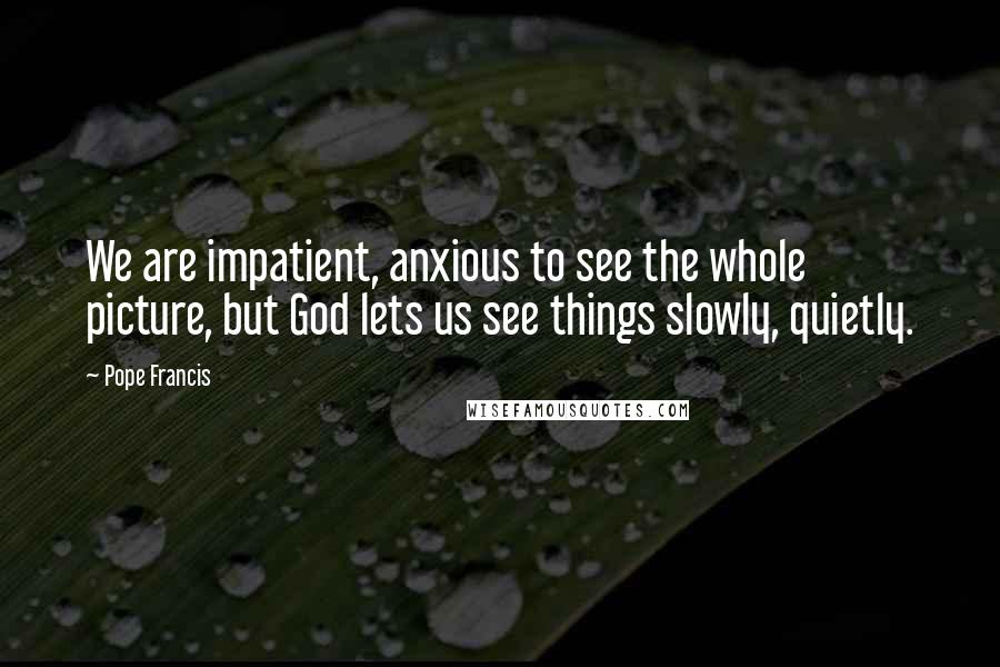 Pope Francis Quotes: We are impatient, anxious to see the whole picture, but God lets us see things slowly, quietly.