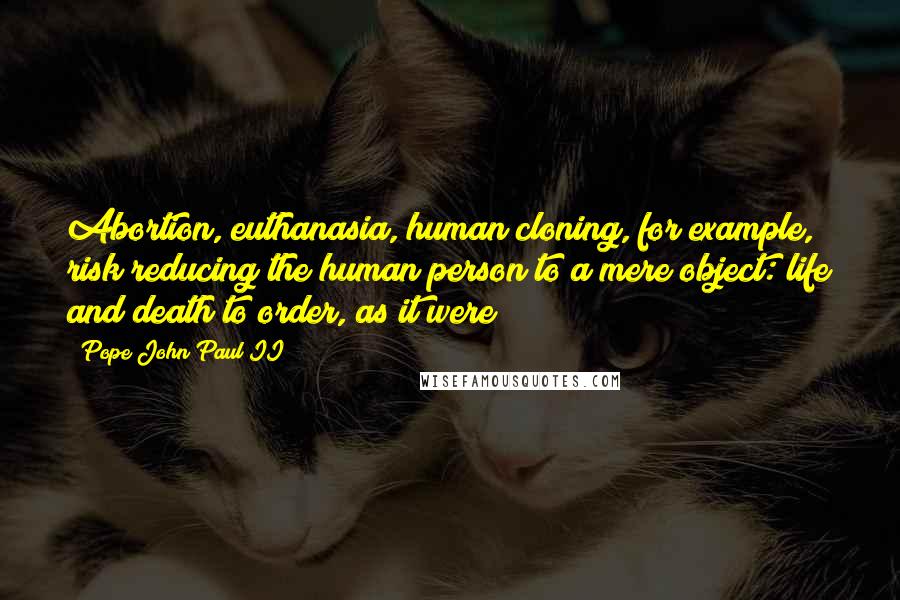 Pope John Paul II Quotes: Abortion, euthanasia, human cloning, for example, risk reducing the human person to a mere object: life and death to order, as it were!